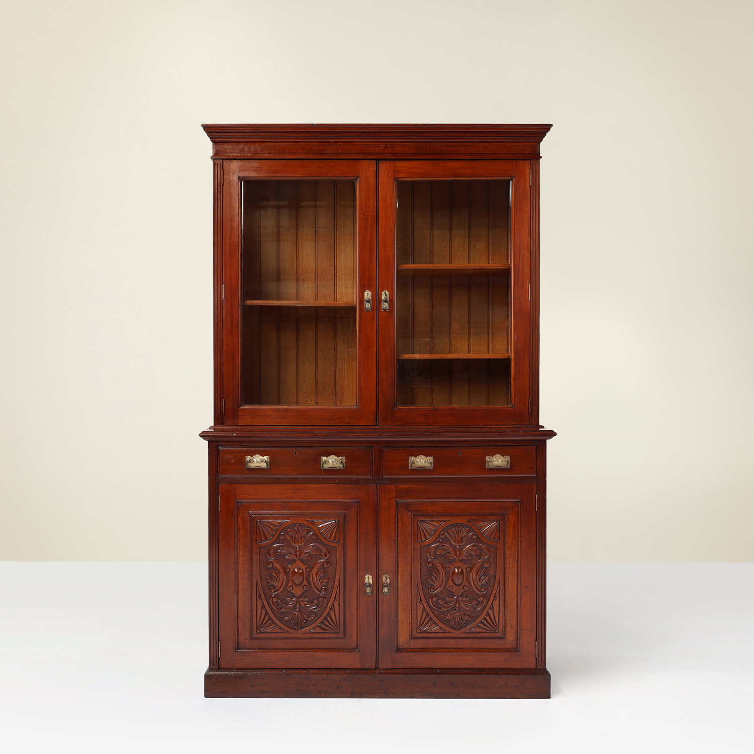 Art Nouveau Display Cabinet or Bookcase in oak with carvings and glass doorsthumbnail
